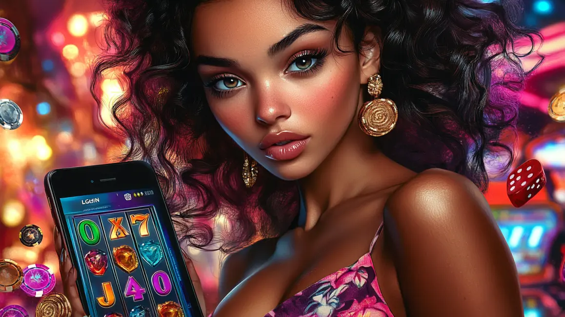 Play Vibrant Mobile Slots at TKGEM. A glamorous woman with curly hair holds a smartphone showing a vibrant slot game, with dice and chips floating around, inviting you to play exciting mobile casino games at TKGEM.