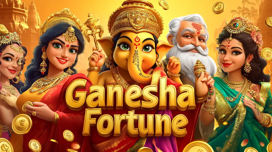 Find Your Fortune with Ganesha at TKGEM. The Hindu god Ganesha is featured in the 'Ganesha Fortune' slot game, surrounded by divine characters and a shower of gold coins, bringing luck and big wins to TKGEM players.
