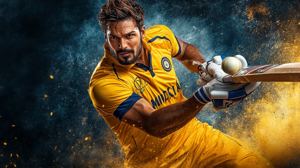 Bet on International Cricket at TKGEM. A handsome cricket player in a tropical setting represents the international cricket matches from around the world that you can bet on with the TKGEM sports app.