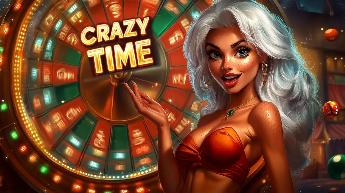 It's Crazy Time! Play this Live Game at TKGEM. A glamorous woman with white hair gestures towards the giant wheel of the popular 'Crazy Time' live casino game, an exciting and interactive show available to play now at TKGEM.