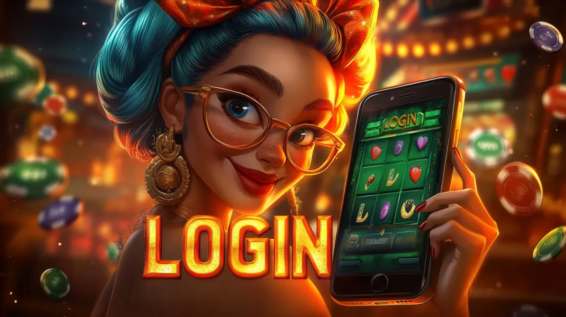 Log In to Your Tropical Getaway at TKGEM. A stylish woman with blue hair and sunglasses holds a phone with a 'LOGIN' button, inviting you to sign in to your TKGEM account for a fun and rewarding tropical gaming session.
