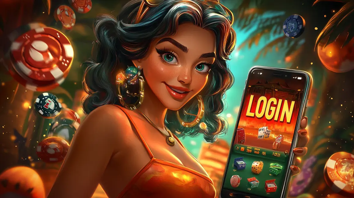 Login to the Fun World of TKGEM Casino. An animated woman is framed by a phone screen showing a 'LOGIN CASINO' sign, inviting you to sign in to the fun and vibrant world of TKGEM online casino games.