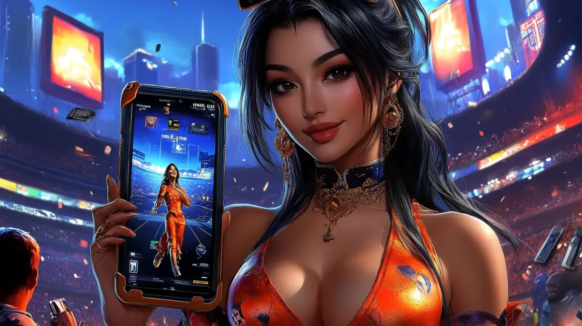 Your All-Access Pass to Soccer Betting | TKGEM. A woman in a stadium holds up her phone showing the TKGEM app, your all-access pass to live sports betting and instant, in-play wagers on every soccer game.